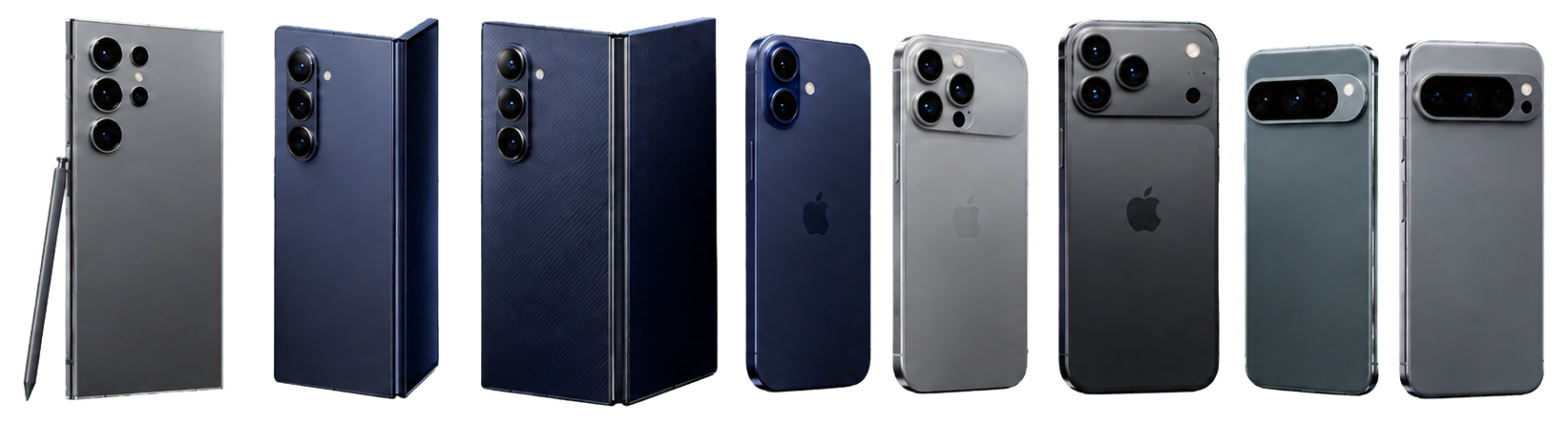 Teléfonos Samsung, iPhone y Google Pixel vistos desde atrás